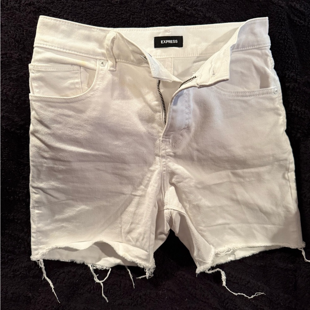 Express Crisp White Frayed Denim Shorts